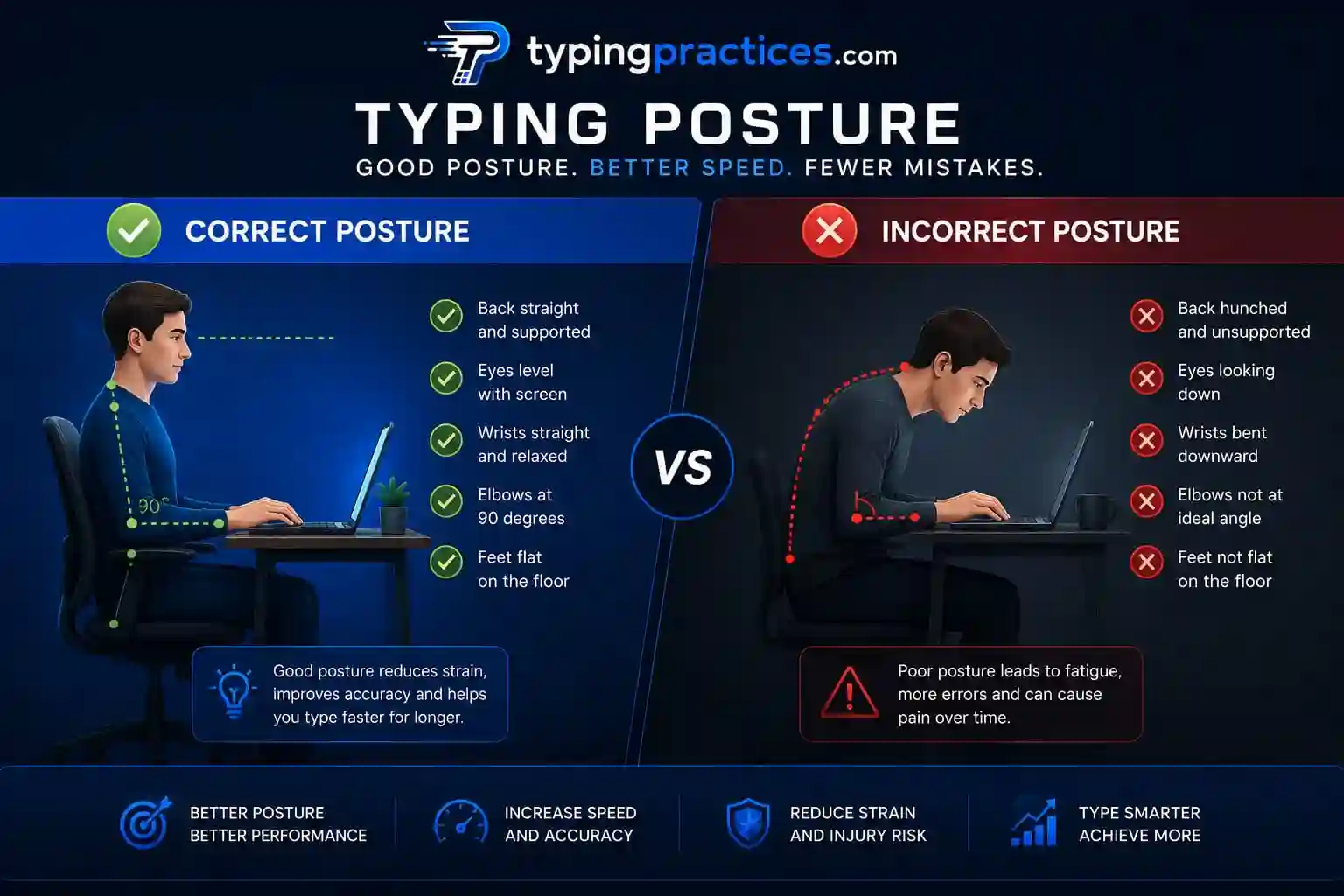 correct vs incorrect typing posture for better typing speed