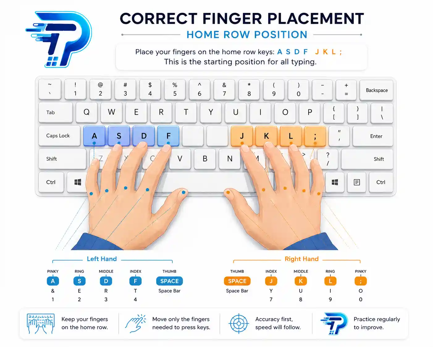 Correct home row finger placement for touch typing