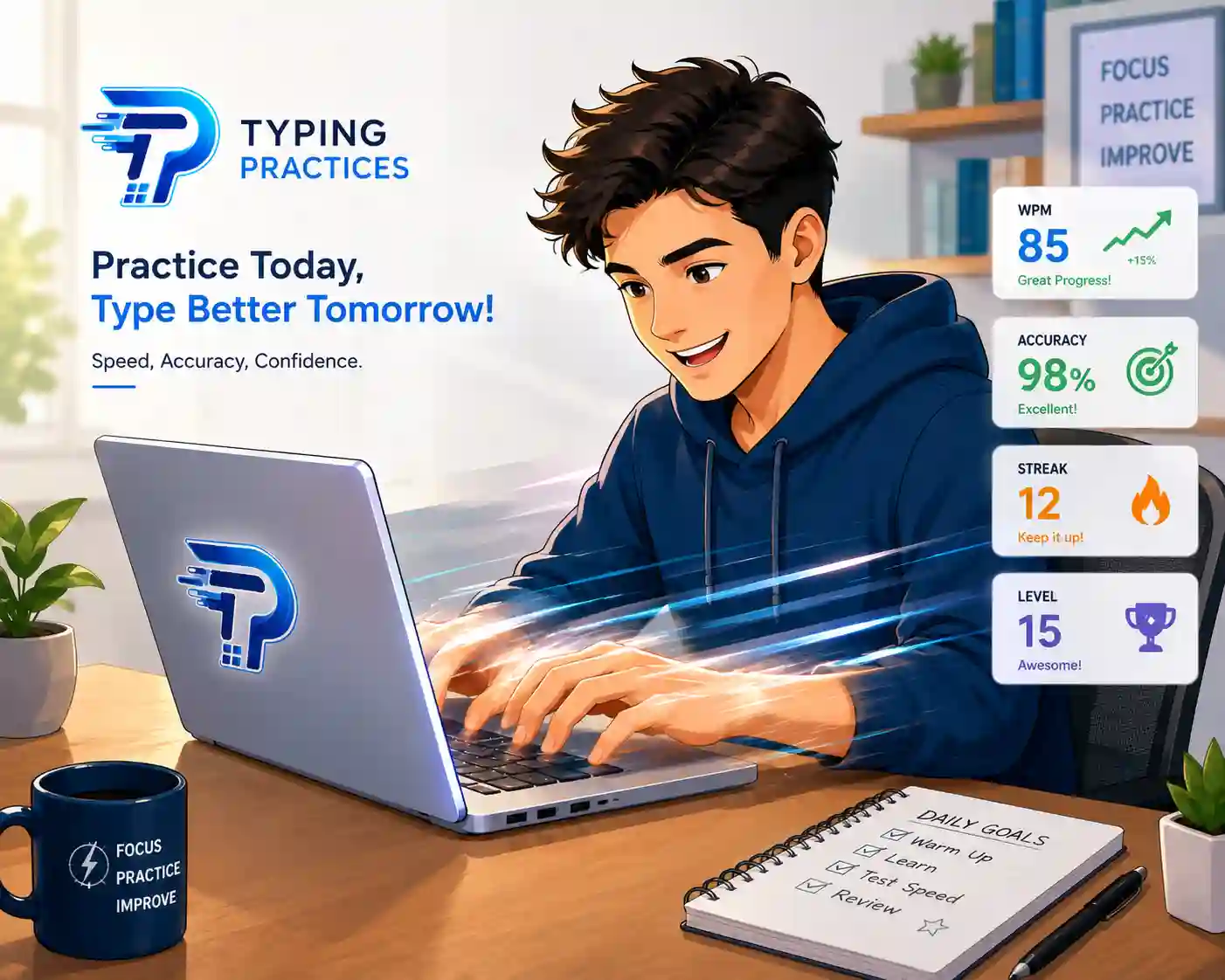 Confident person typing fast and accurately