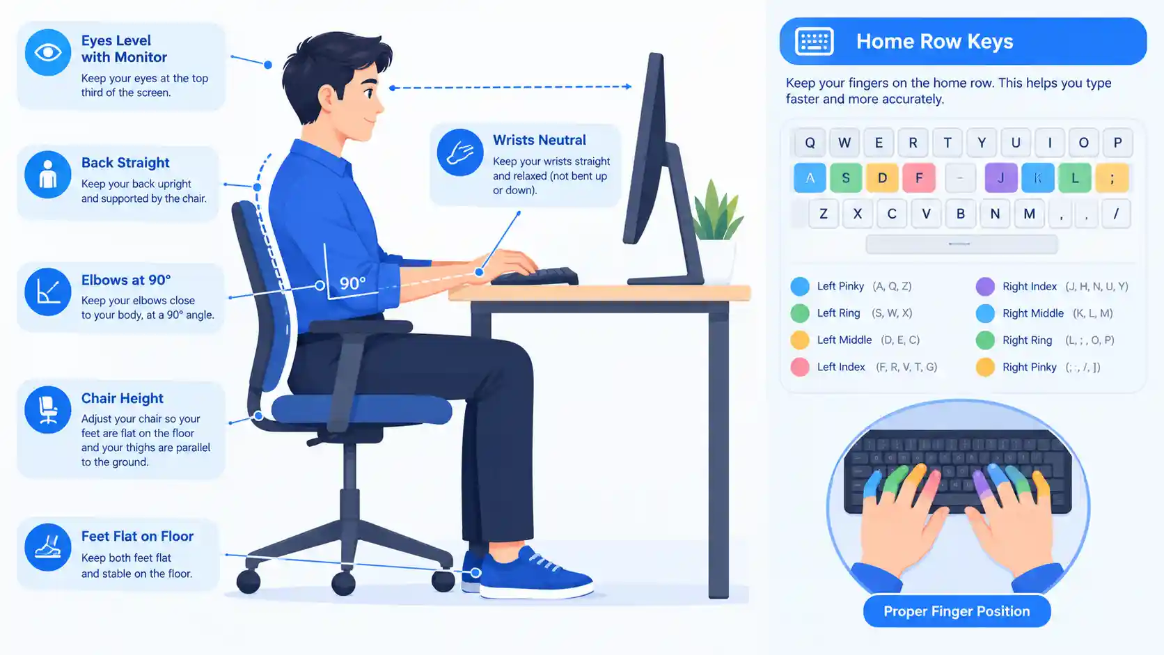 Correct typing posture infographic showing a person sitting upright at a desk with feet flat on the floor, elbows bent at 90 degrees, wrists neutral, and eyes level with the monitor. Color-coded keyboard keys and hand positions illustrate proper home row finger placement.
