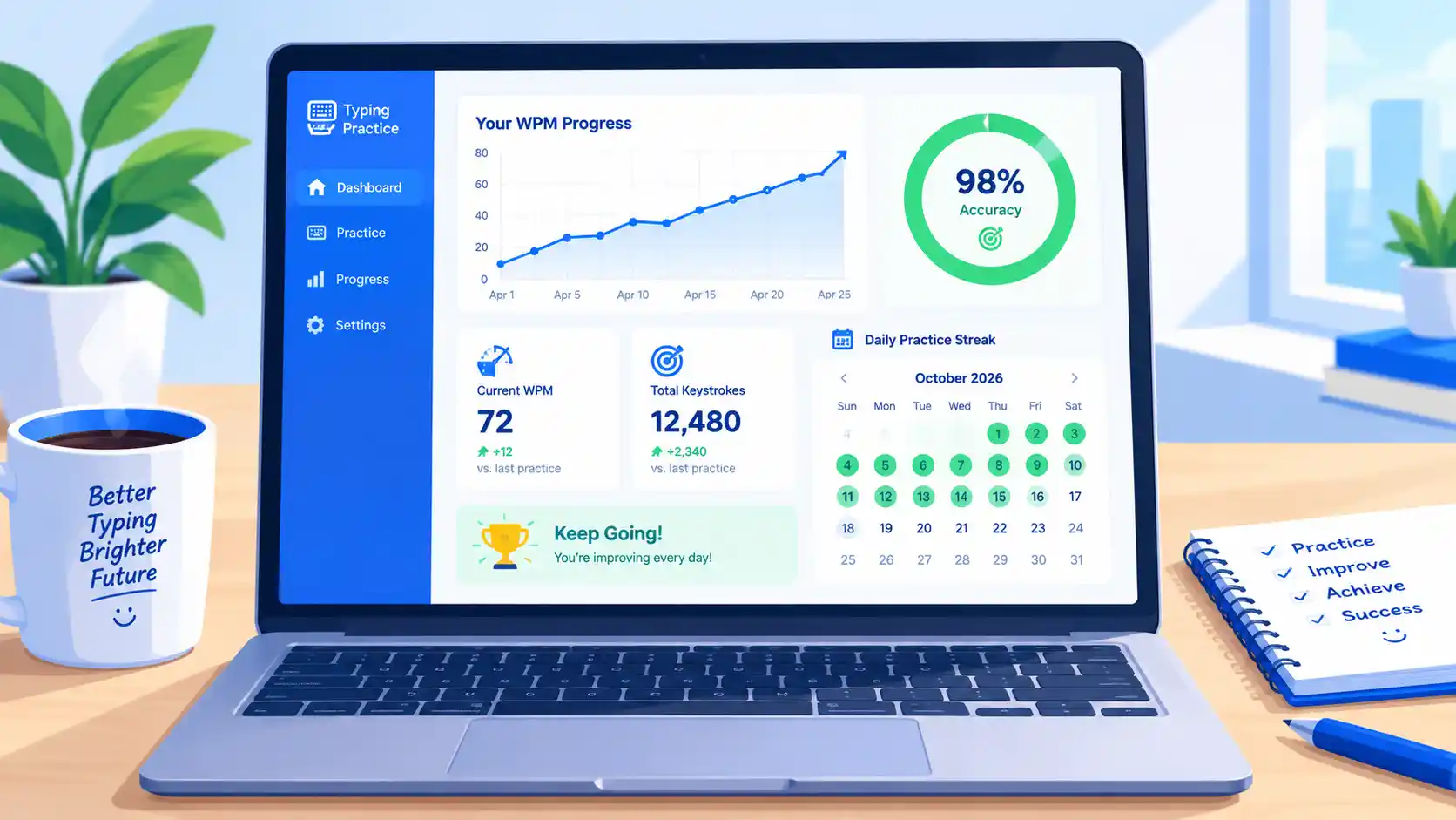 Typing practice dashboard on a laptop showing a rising WPM progress graph, 98% typing accuracy, daily practice streak calendar, and performance statistics, with a coffee cup and notebook on a desk in a clean blue-and-green vector style.